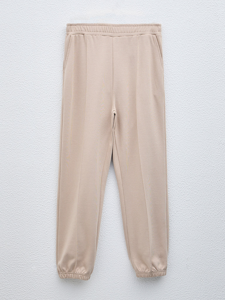 LOV Beige Seam-Detailed High-Rise Joggers