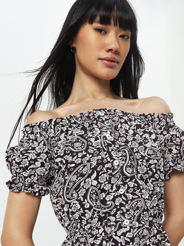 Bombay Paisley Brown Paisley Design Off-Shoulder Cotton Dress