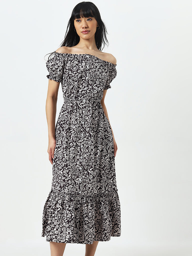 Bombay Paisley Brown Paisley Design Off-Shoulder Cotton Dress