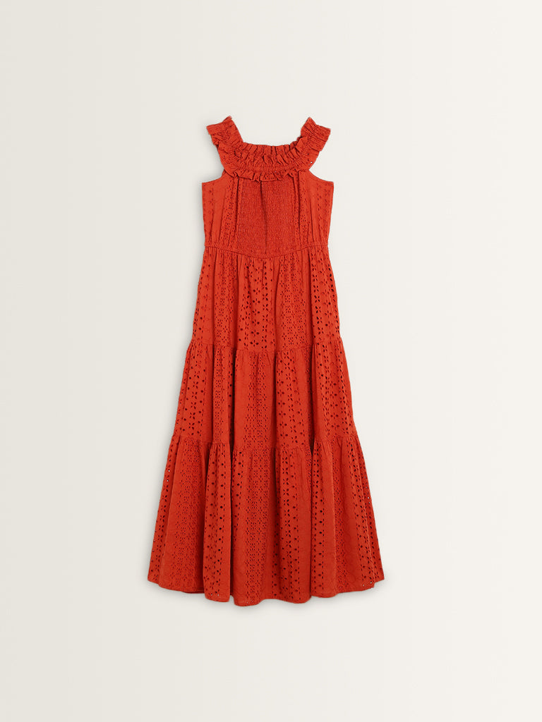 Bombay Paisley Rust Schiffli Design Cotton Tiered Dress