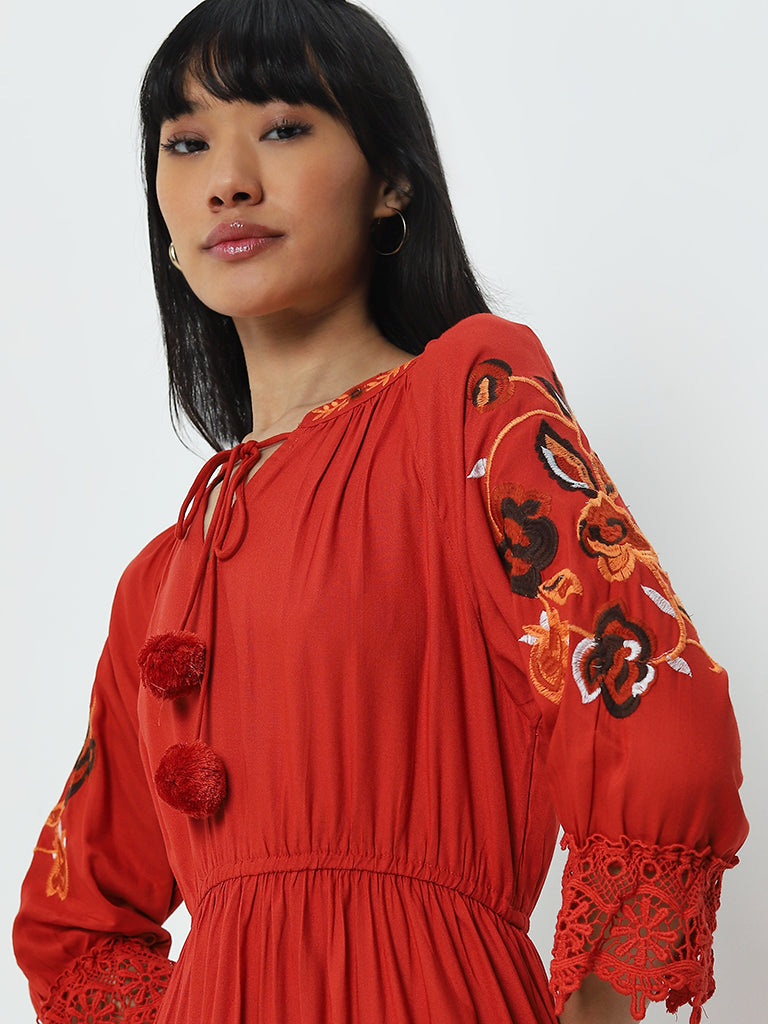 Bombay Paisley Rust Embroidered A-Line Dress