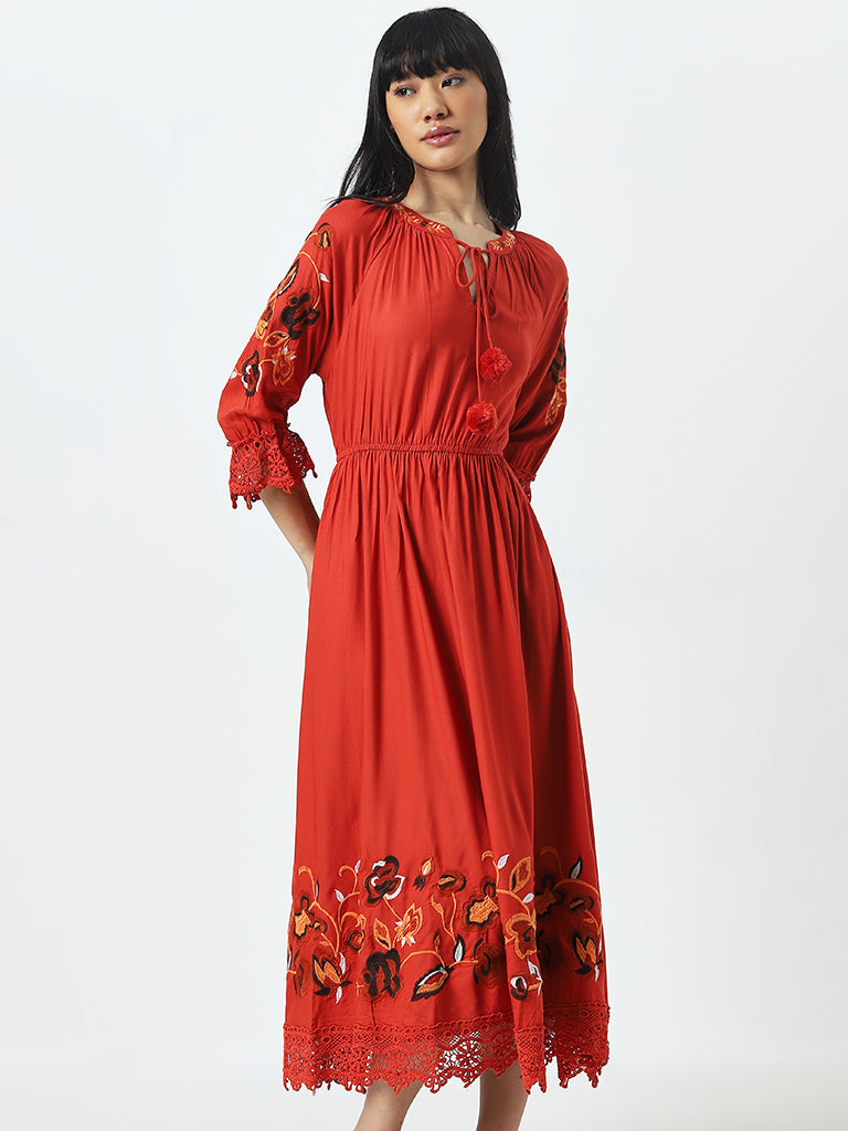 Bombay Paisley Rust Embroidered A-Line Dress