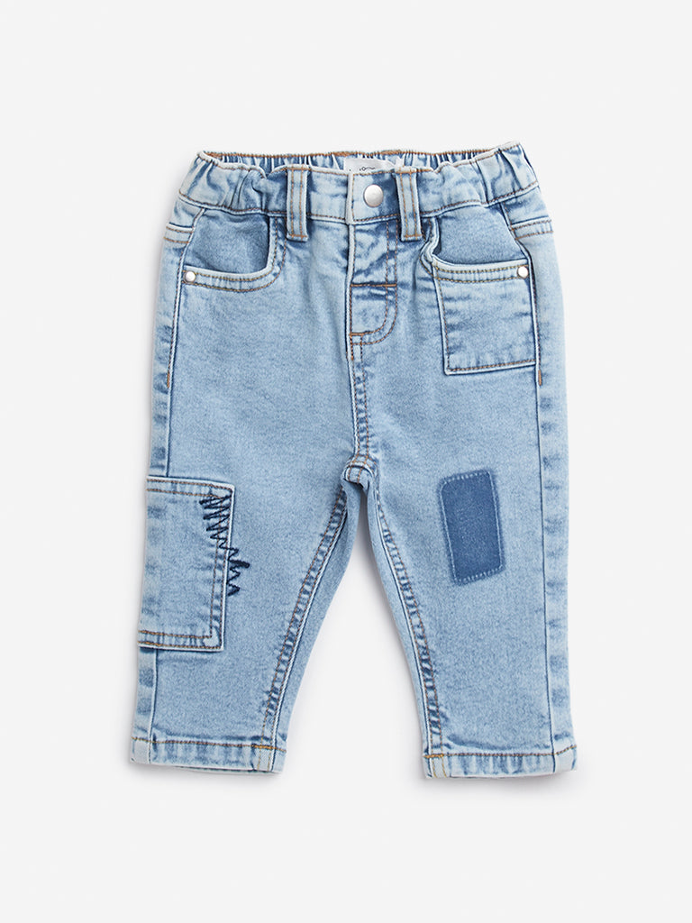 HOP Baby Light Blue Patchwork Relaxed - Fit Mid - Rise Jeans