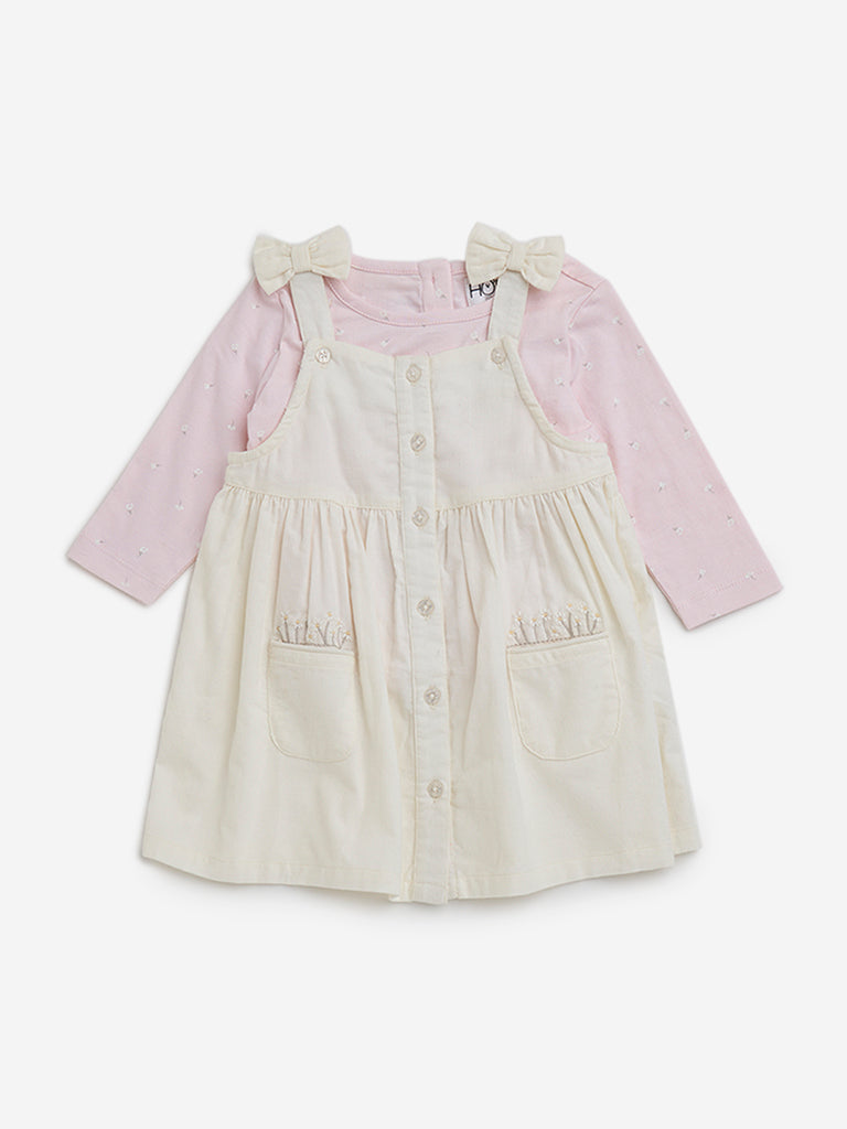 HOP Baby Off-White Cotton Pinafore & T-Shirt Set