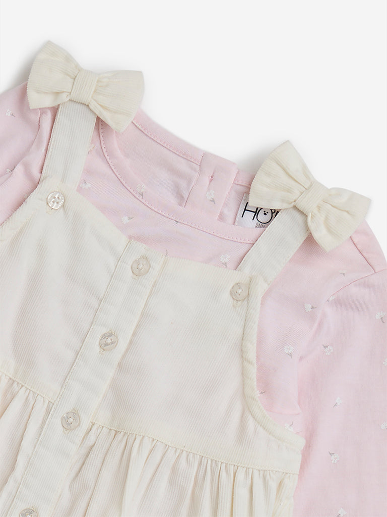 HOP Baby Off-White Cotton Pinafore & T-Shirt Set