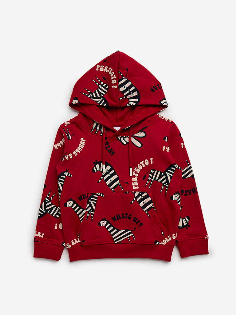 HOP Kids Red Animal Printed Cotton Hoodie