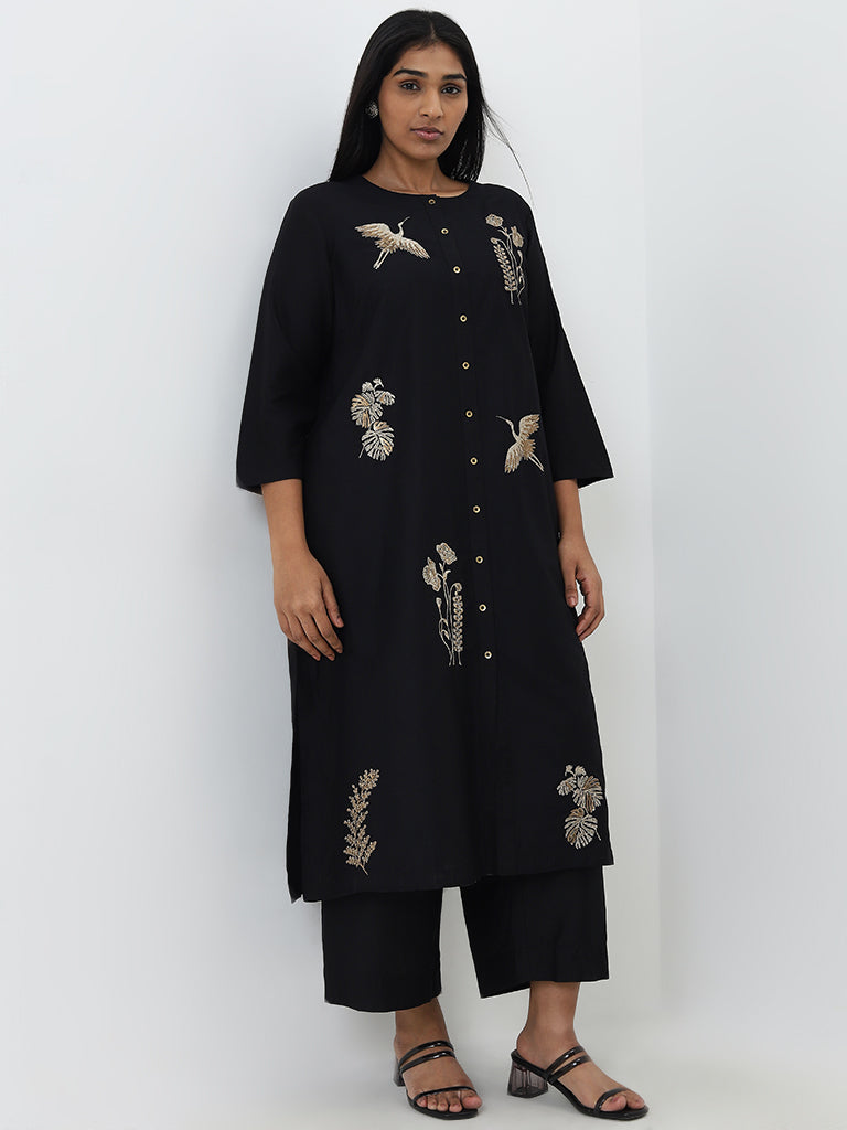 Diza Black Embellished Bird A-Line Kurta