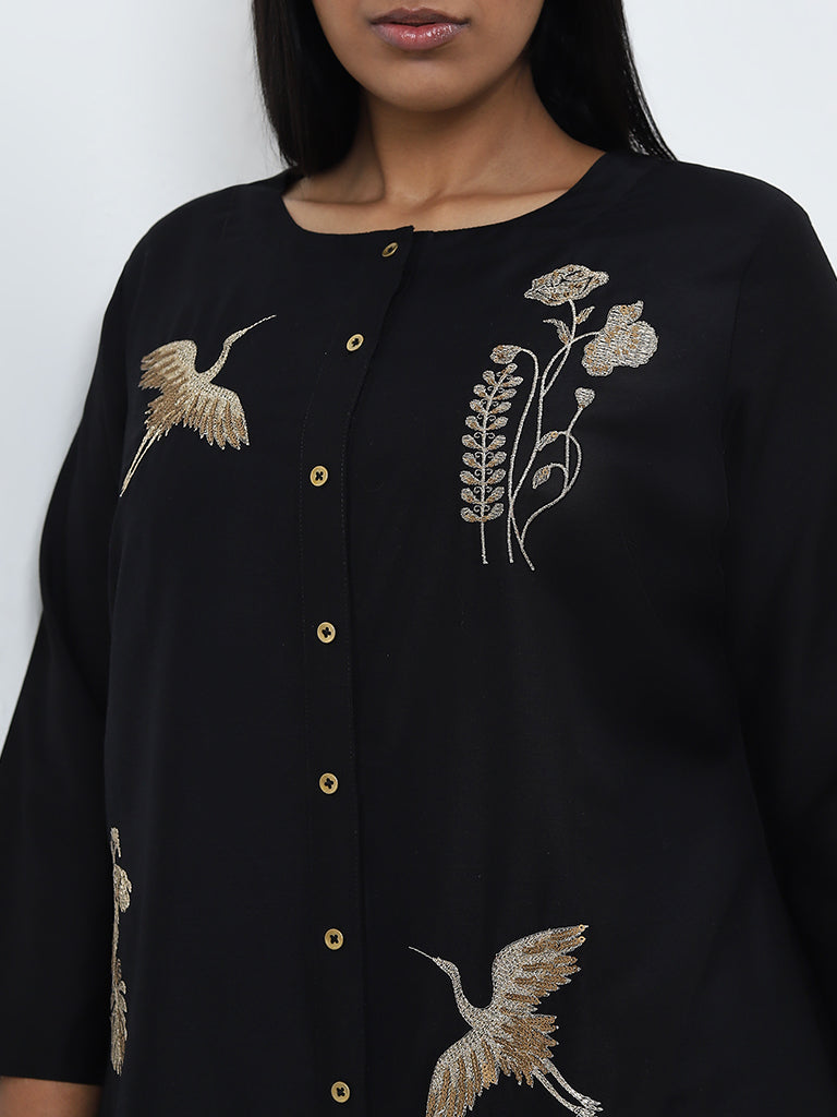 Diza Black Embellished Bird A-Line Kurta