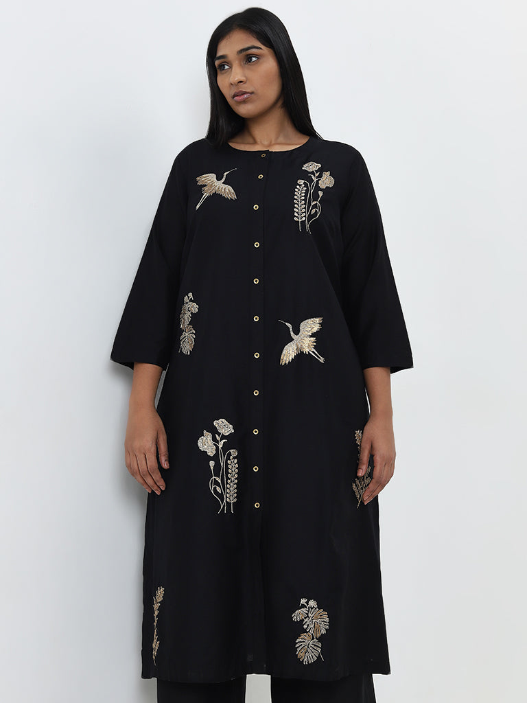 Diza Black Embellished Bird A-Line Kurta