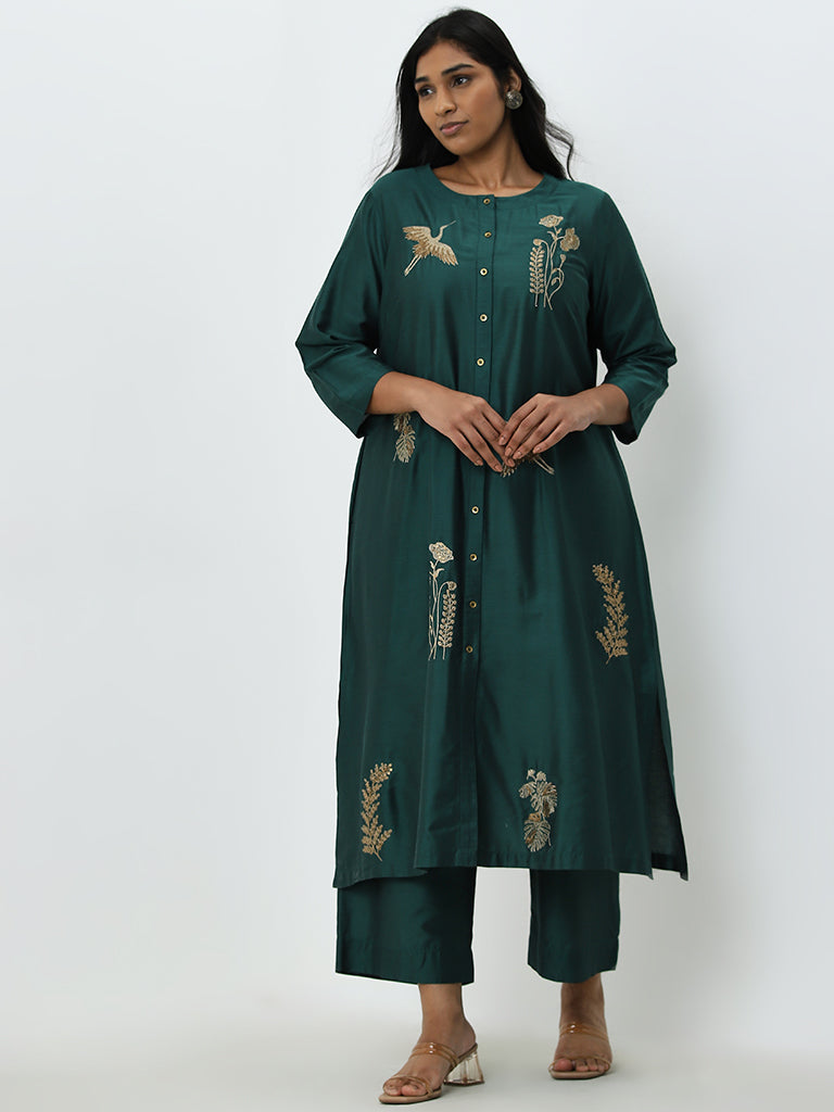 Diza Dark Green Embellished A-Line Kurta