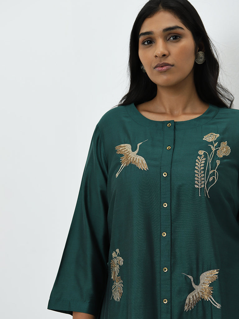 Diza Dark Green Embellished A-Line Kurta