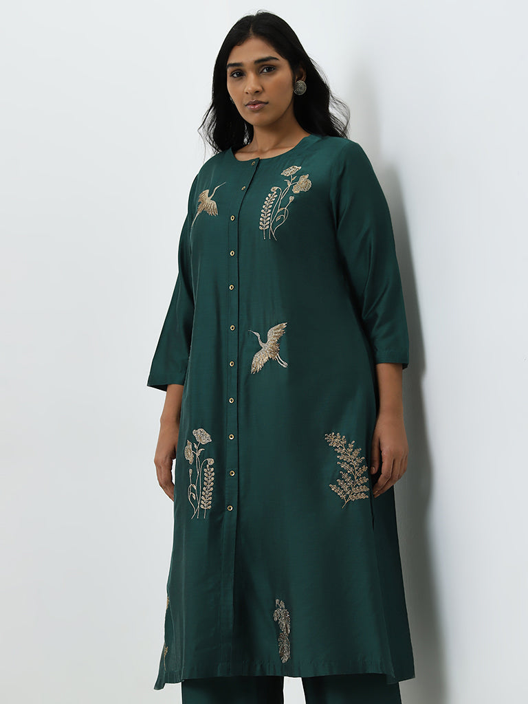 Diza Dark Green Embellished A-Line Kurta