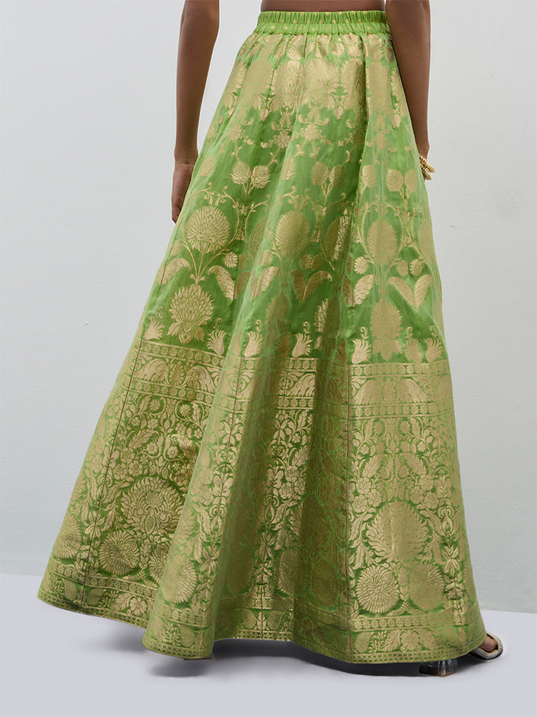 Vark Light Green Brocade Design A-Line Skirt