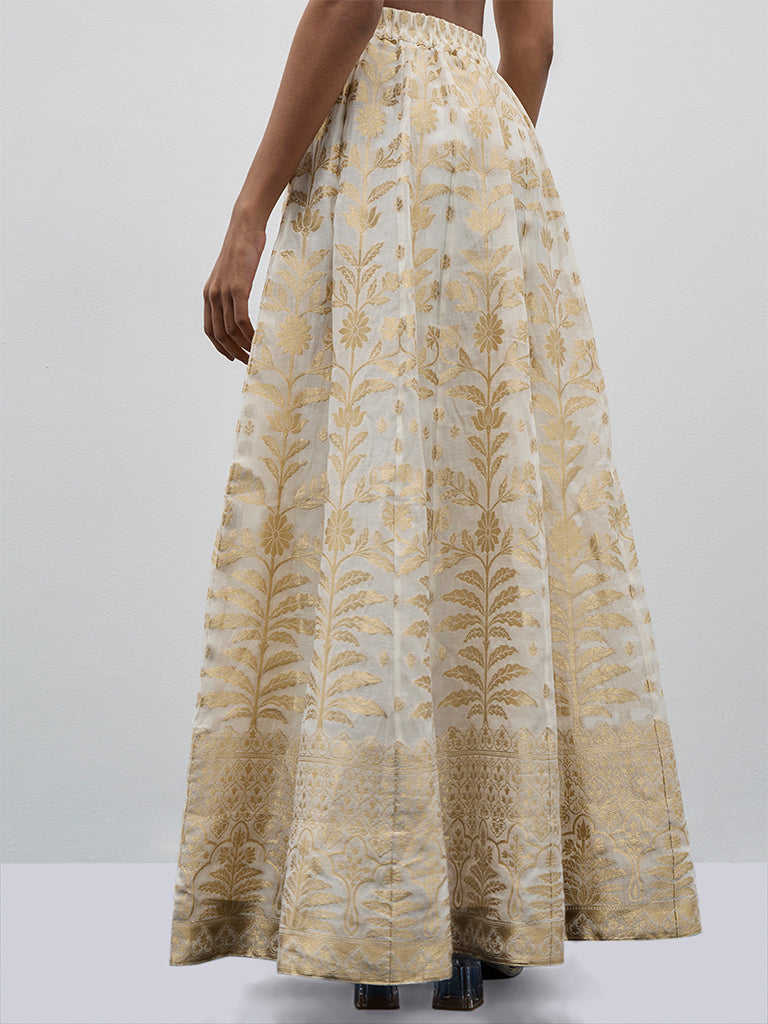 Vark Off-White Brocade Design A-Line Skirt