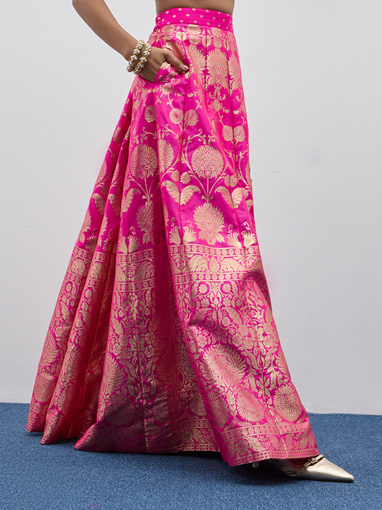 Vark Pink Brocade Design A-Line Skirt