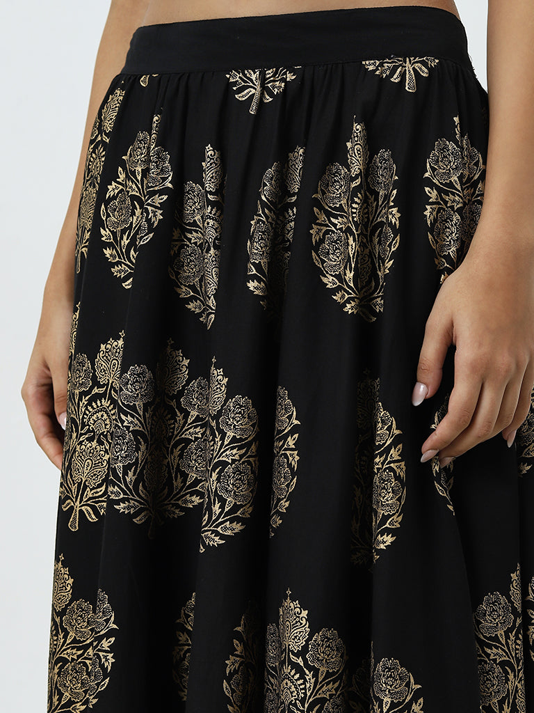 Utsa Black Floral Printed High-Rise Cotton Skirt