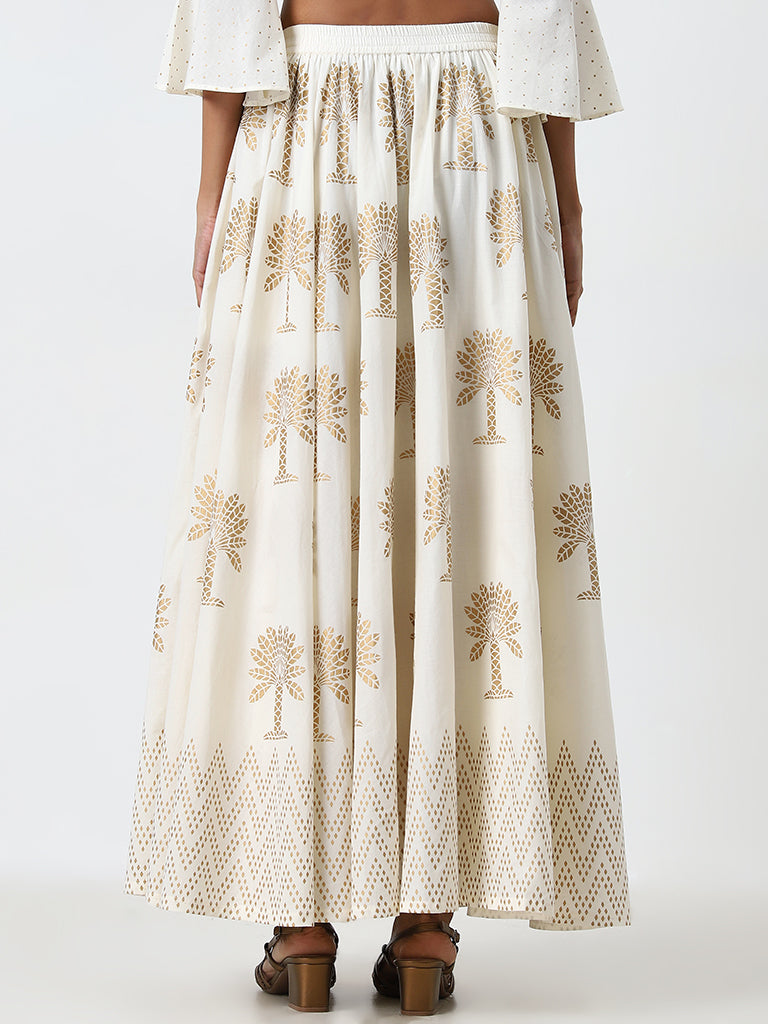 Utsa Off-White Foliage Printed High-Rise Cotton Skirt