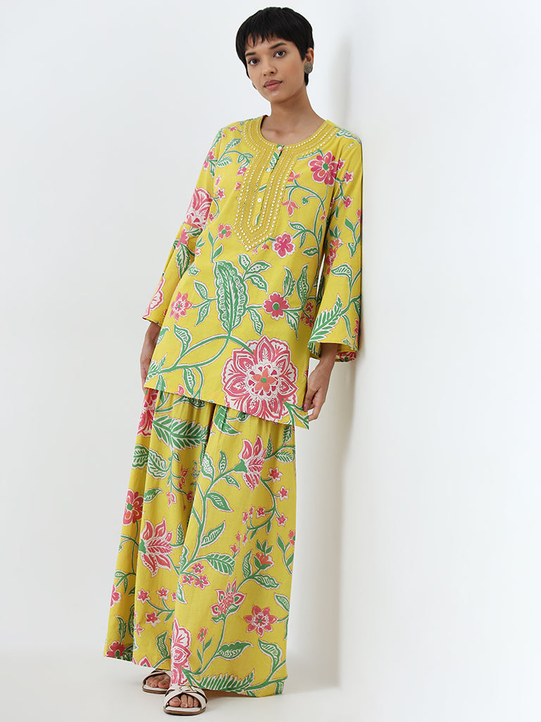 Utsa Yellow Floral Design High-Rise Cotton Sharara