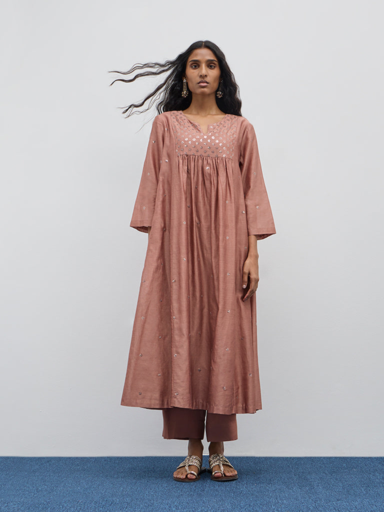 Zuba Dusty Pink Embellished Cotton Blend Kurta with Inner