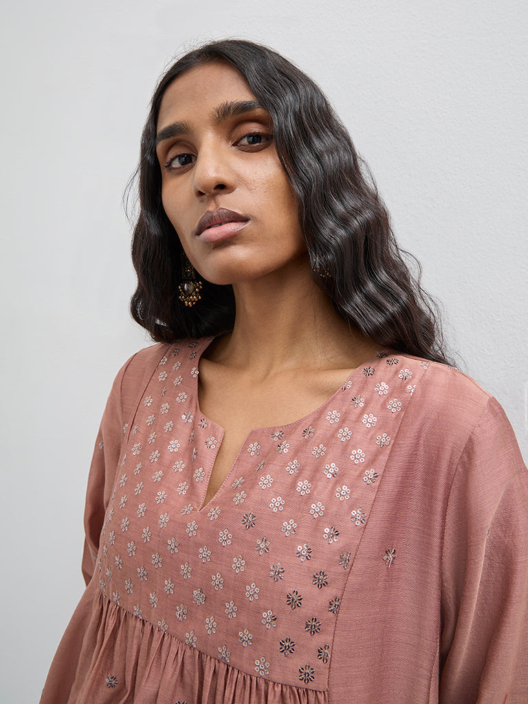 Zuba Dusty Pink Embellished Cotton Blend Kurta with Inner