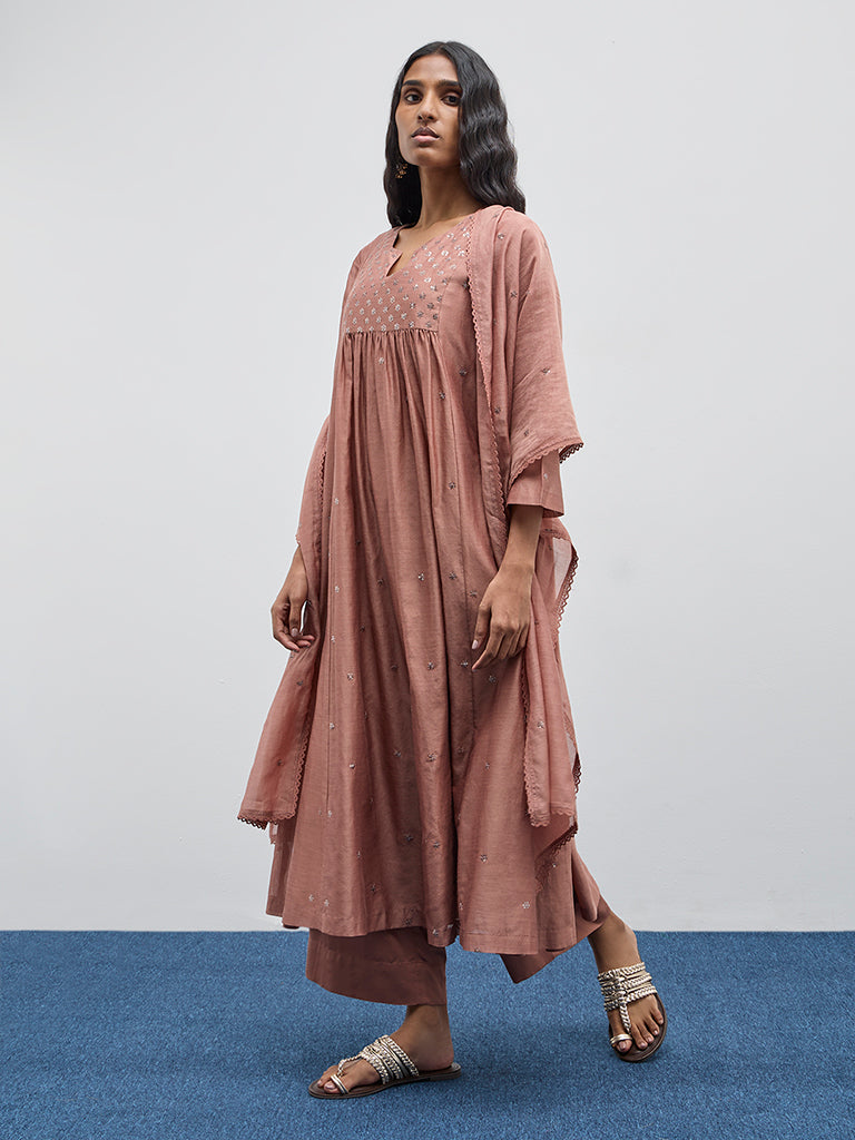 Zuba Dusty Pink Embellished Cotton Blend Kurta with Inner