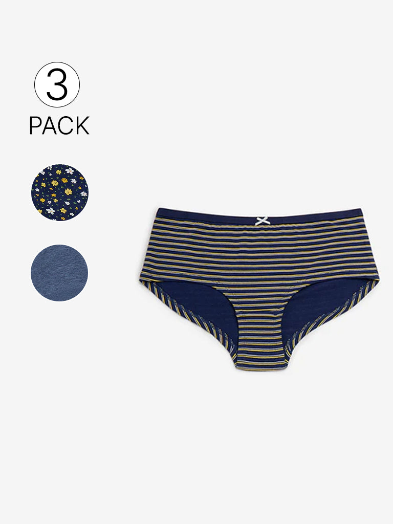 Wunderlove Navy Printed Cotton Briefs - Pack of 3