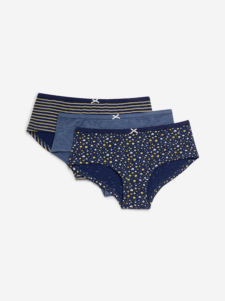 Wunderlove Navy Printed Cotton Briefs - Pack of 3