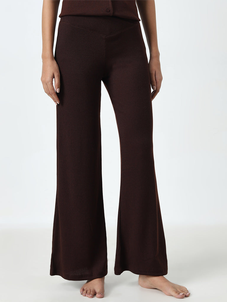 Superstar Dark Brown Ribbed Textured High-Rise Lounge Pants