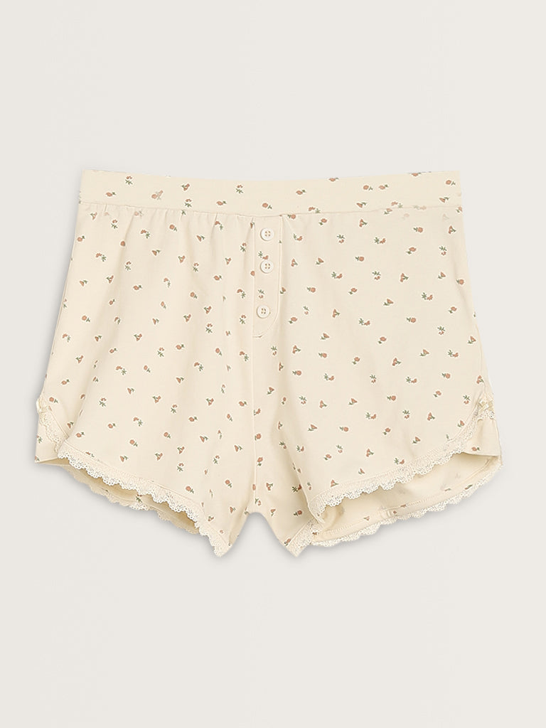 Superstar Off-White Floral Printed High-Rise Cotton Shorts