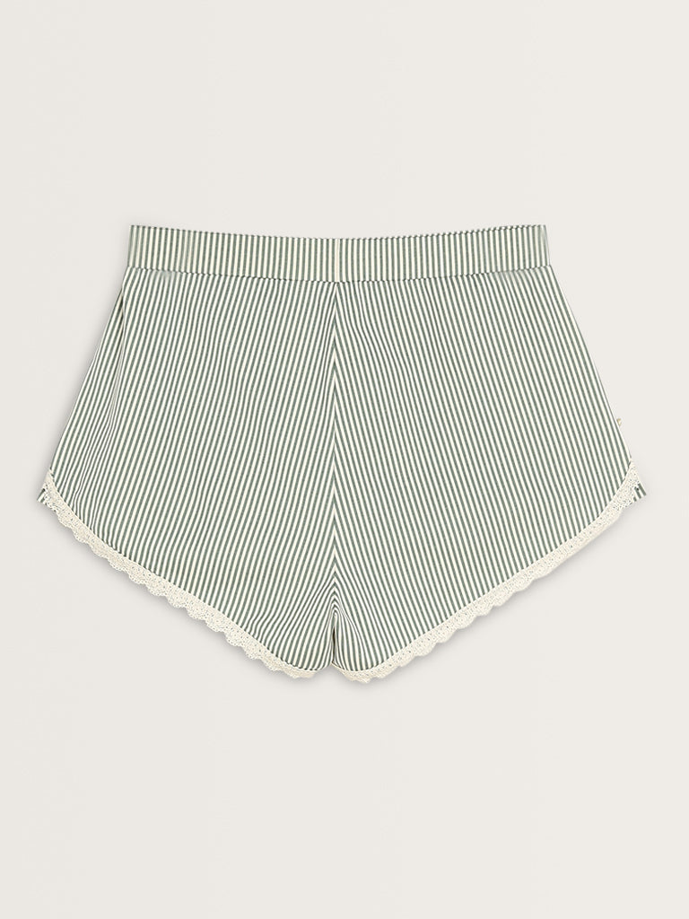 Superstar Green Striped High-Rise Cotton Blend Shorts