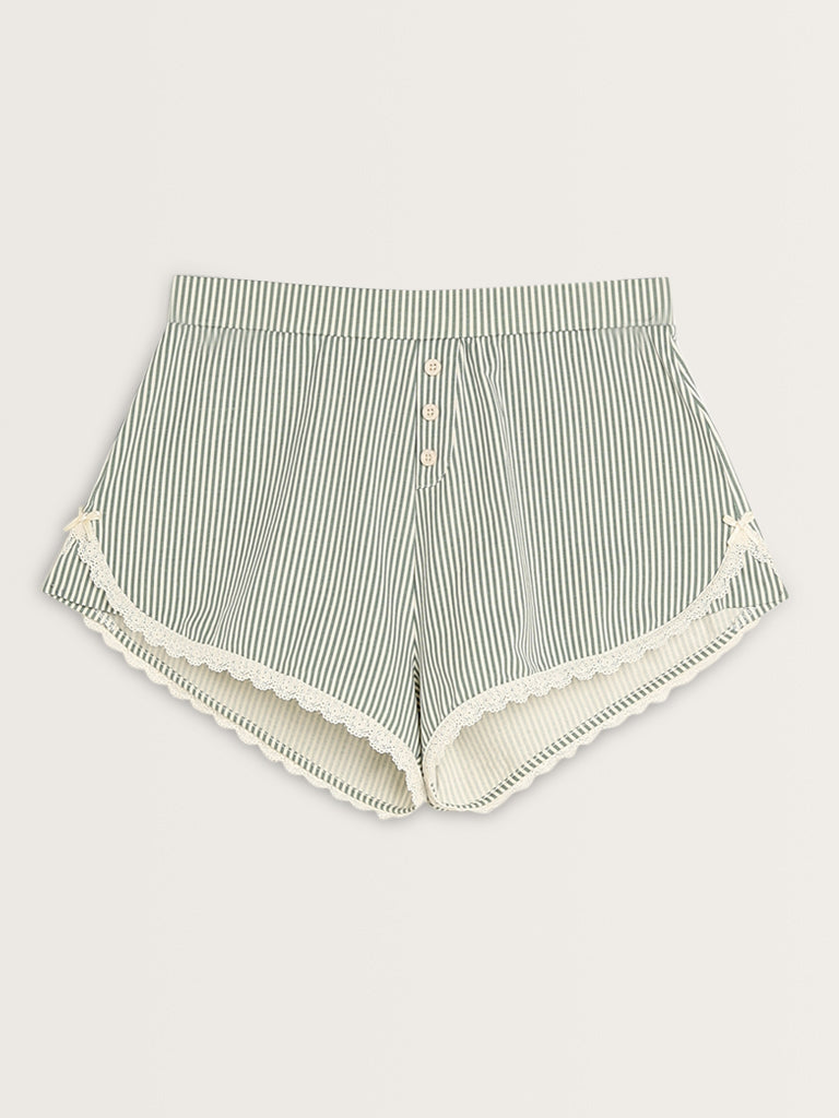 Superstar Green Striped High-Rise Cotton Blend Shorts