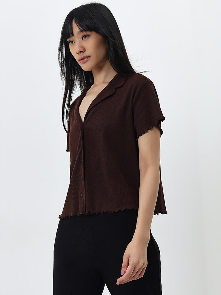 Superstar Dark Brown Ribbed Textured Cotton Blend Shirt