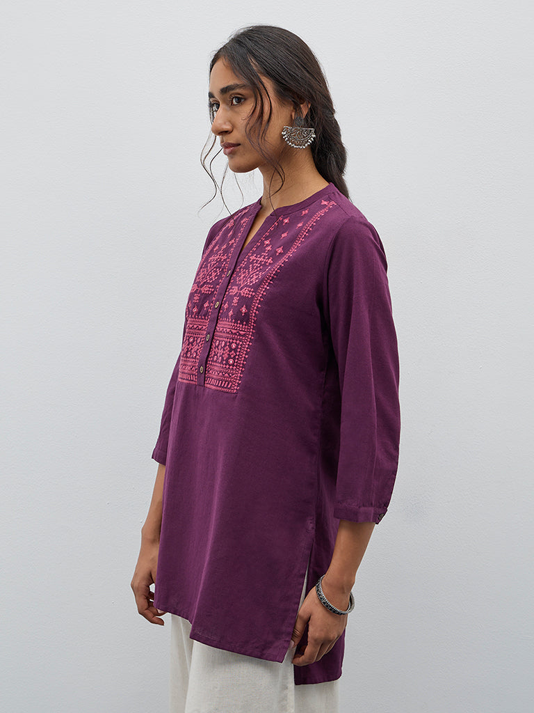 Utsa Purple Embroidered High-Low Cotton Blend Kurti