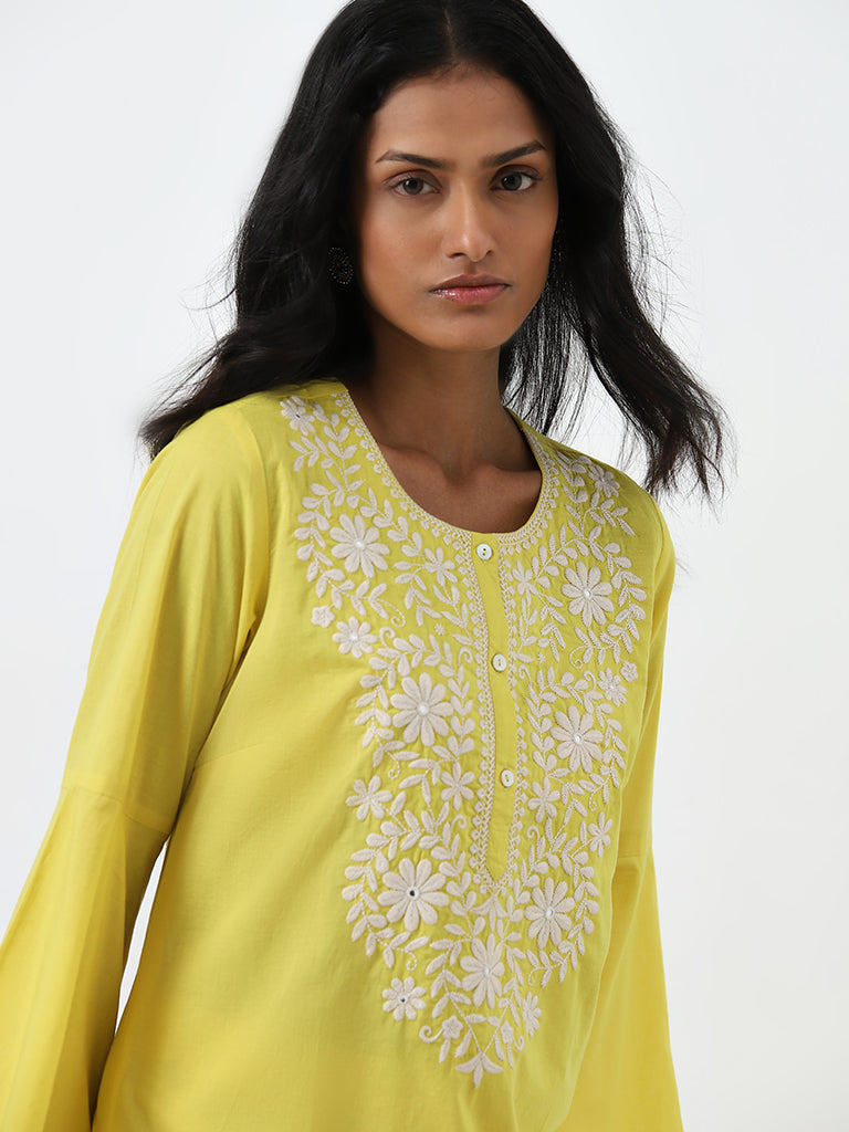 Utsa Yellow Embroidered Straight Cotton Kurti