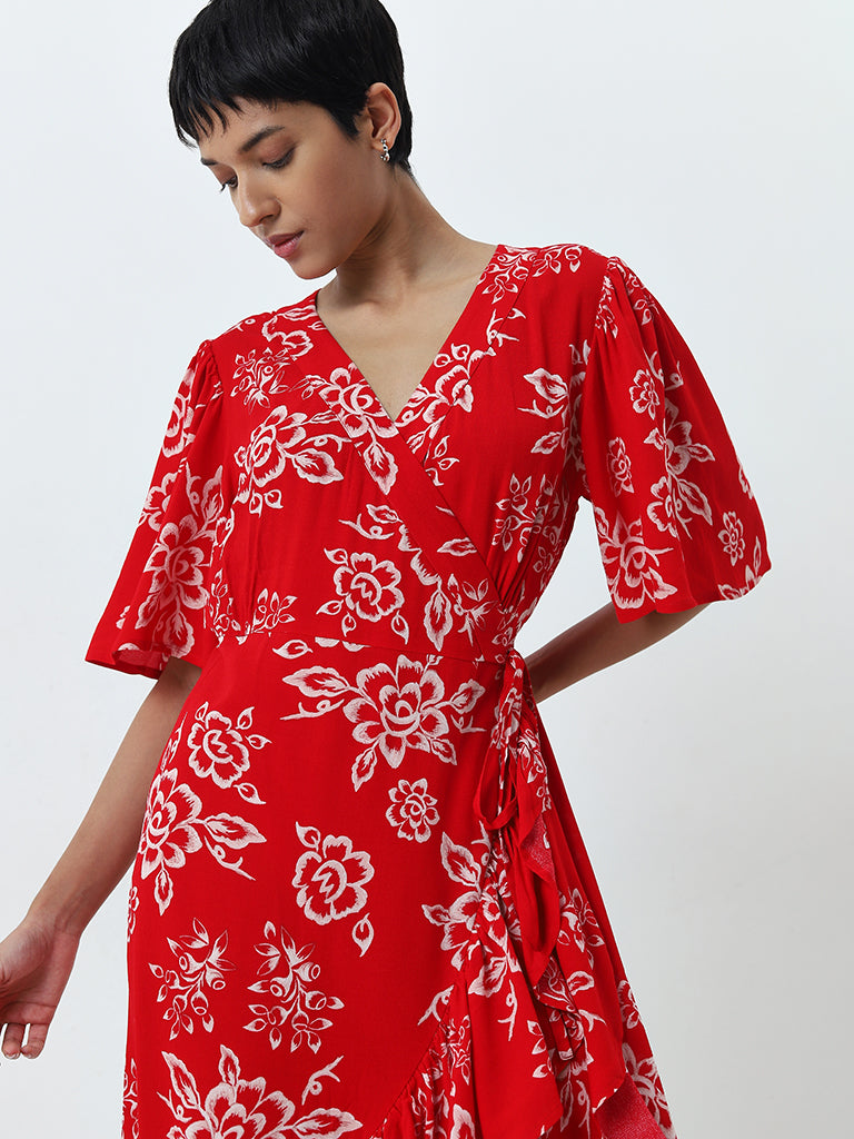 LOV Red Floral Printed Wrap Dress