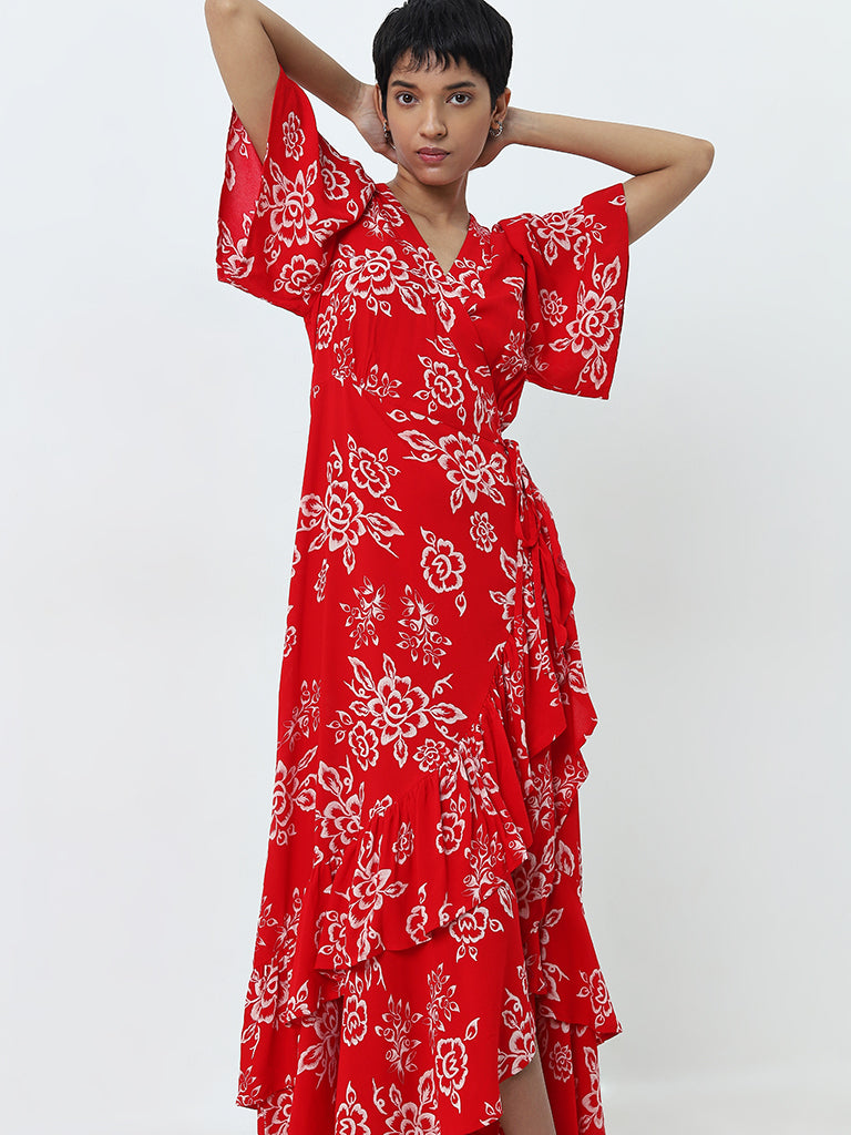 LOV Red Floral Printed Wrap Dress