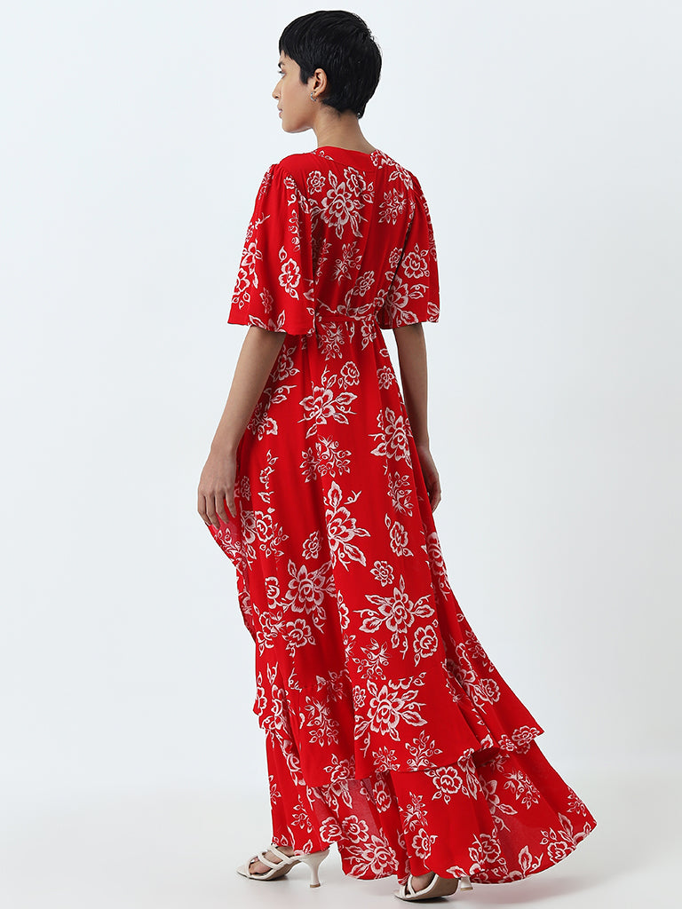 LOV Red Floral Printed Wrap Dress