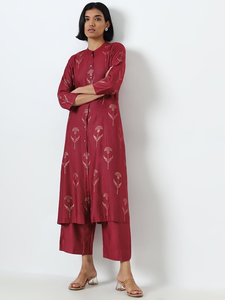 Zuba Maroon Solid High-Rise Ethnic Pants