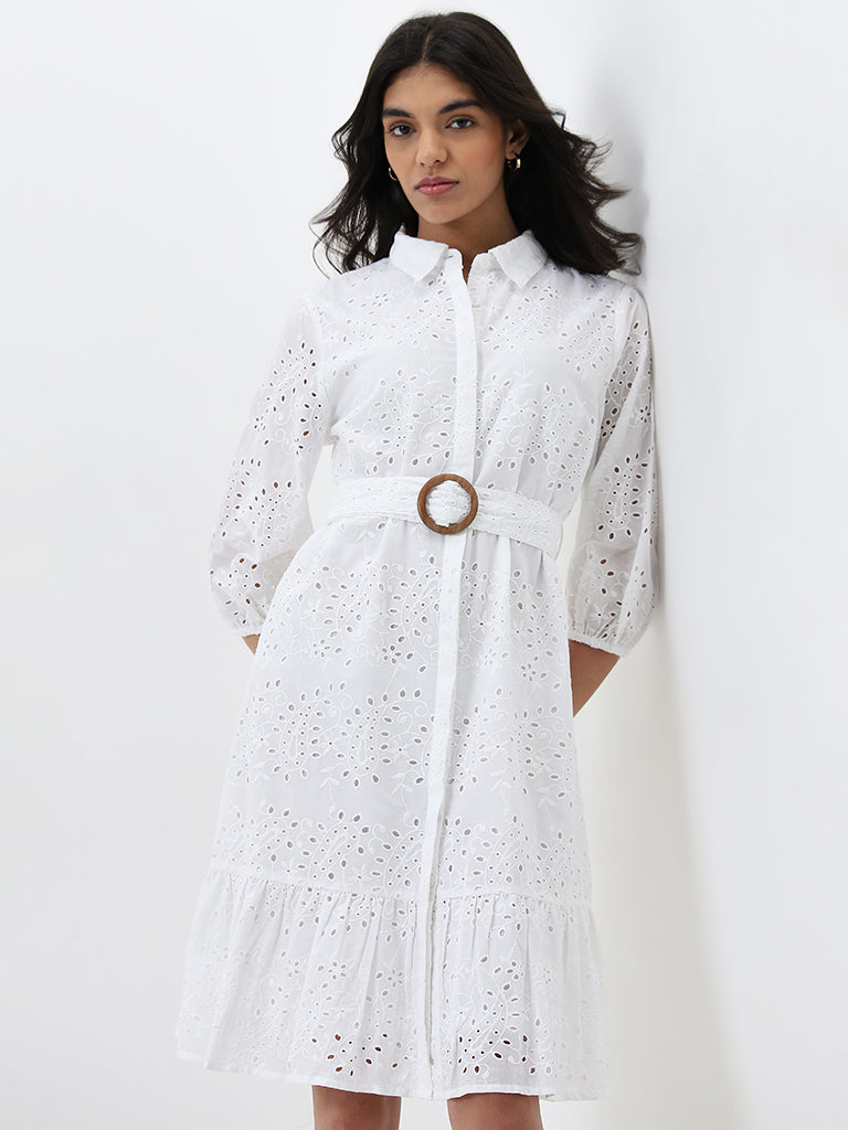 Buy LOV White Schiffli Design Cotton Shirt Dress with Belt from Westside