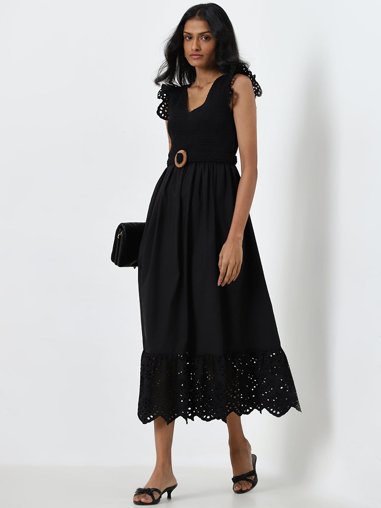 LOV Black Schiffli Design A-Line Cotton Dress with Belt