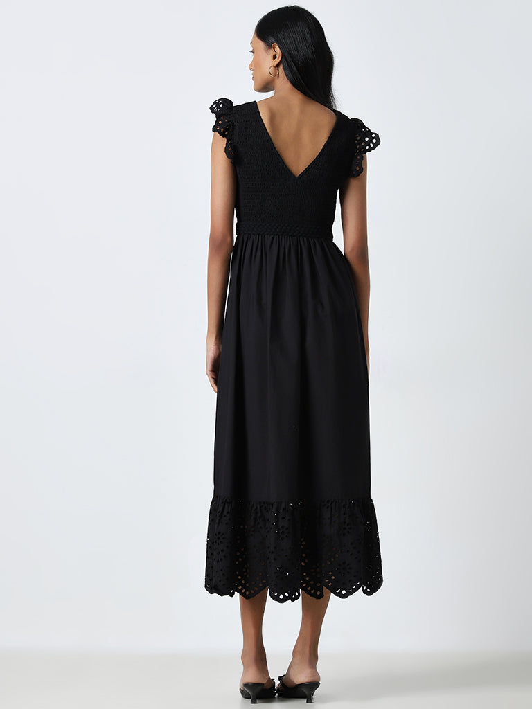 LOV Black Schiffli Design A-Line Cotton Dress with Belt