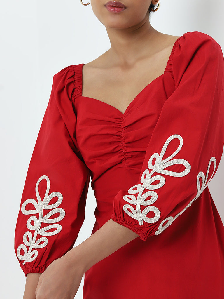 LOV Red Leaf Embroidered A-Line Cotton Dress