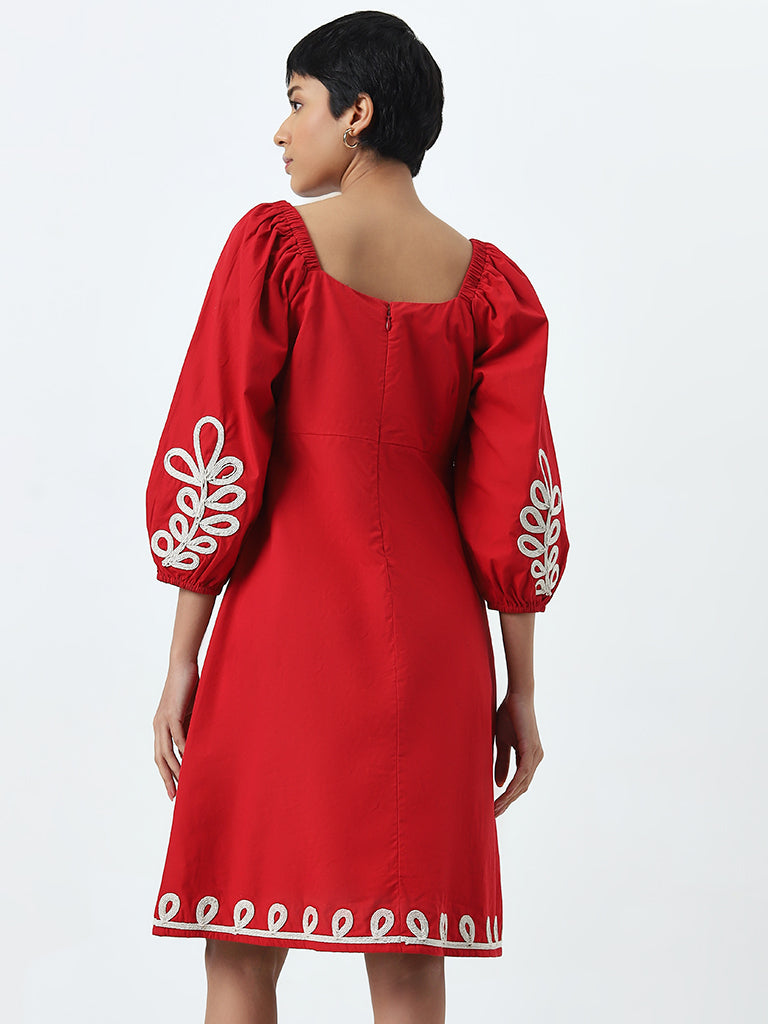 LOV Red Leaf Embroidered A-Line Cotton Dress