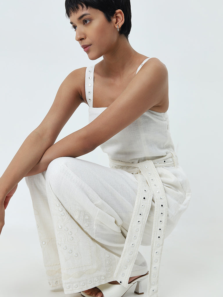 LOV Off-White Embellished Linen Blend Jumpsuit with Belt