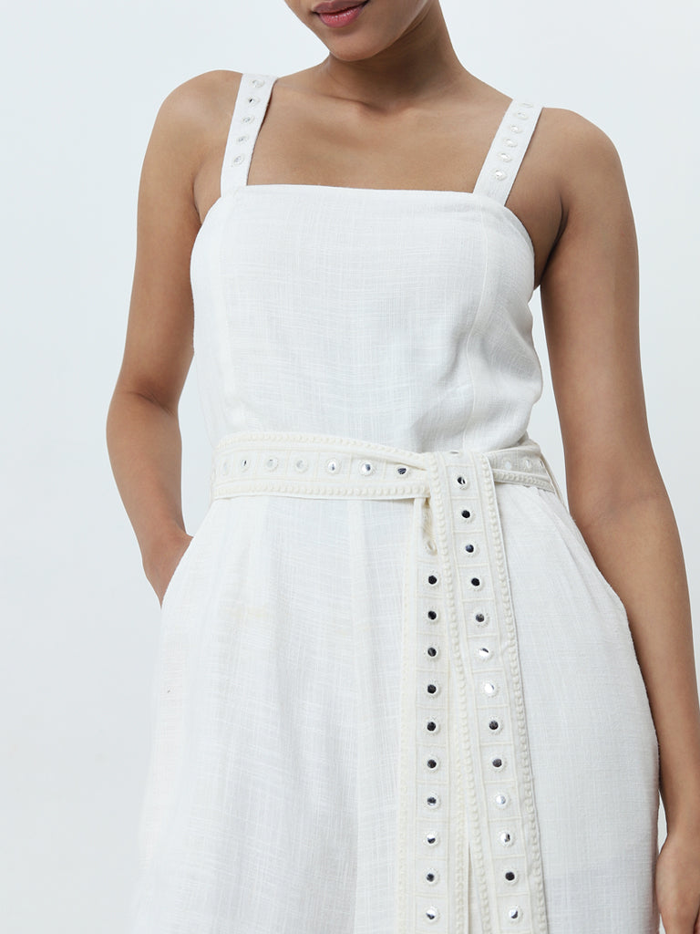 LOV Off-White Embellished Linen Blend Jumpsuit with Belt