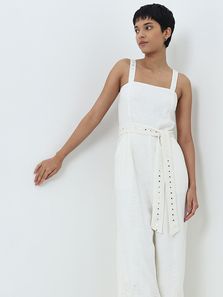 LOV Off-White Embellished Linen Blend Jumpsuit with Belt