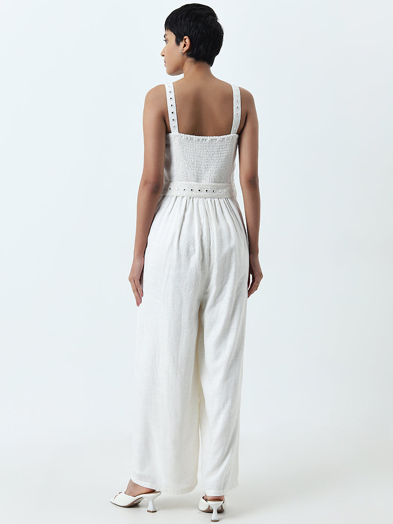 LOV Off-White Embellished Linen Blend Jumpsuit with Belt