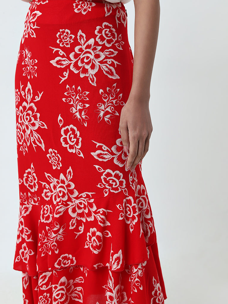 LOV Red Floral Printed Ruffled High-Rise Skirt