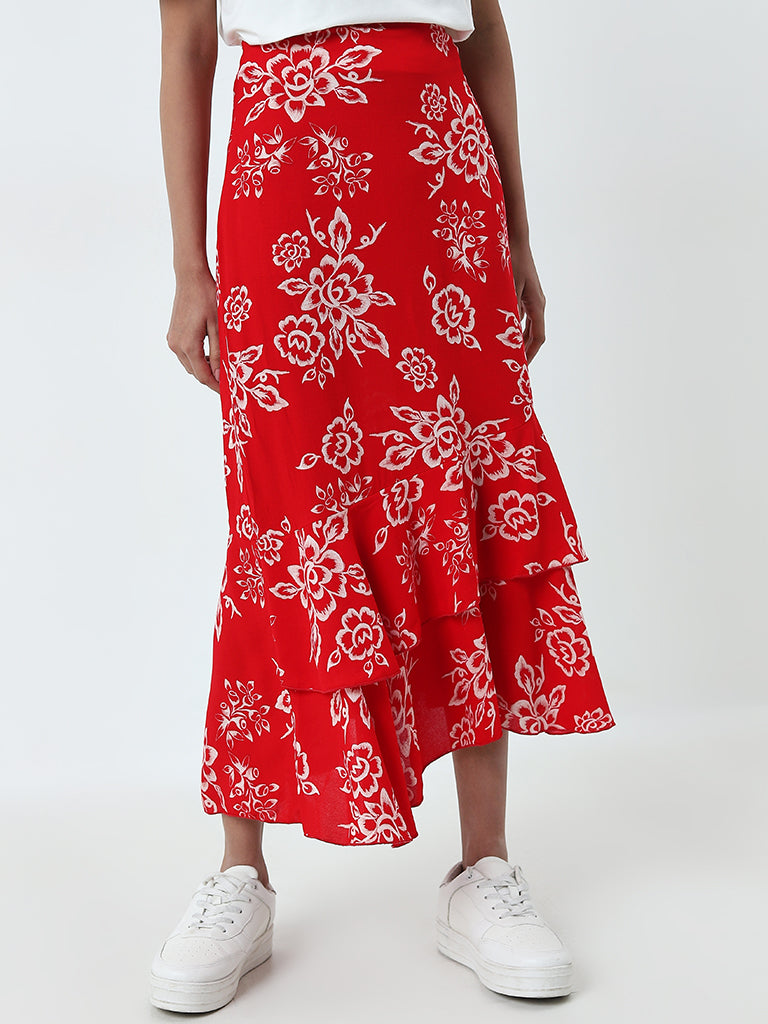 LOV Red Floral Printed Ruffled High-Rise Skirt