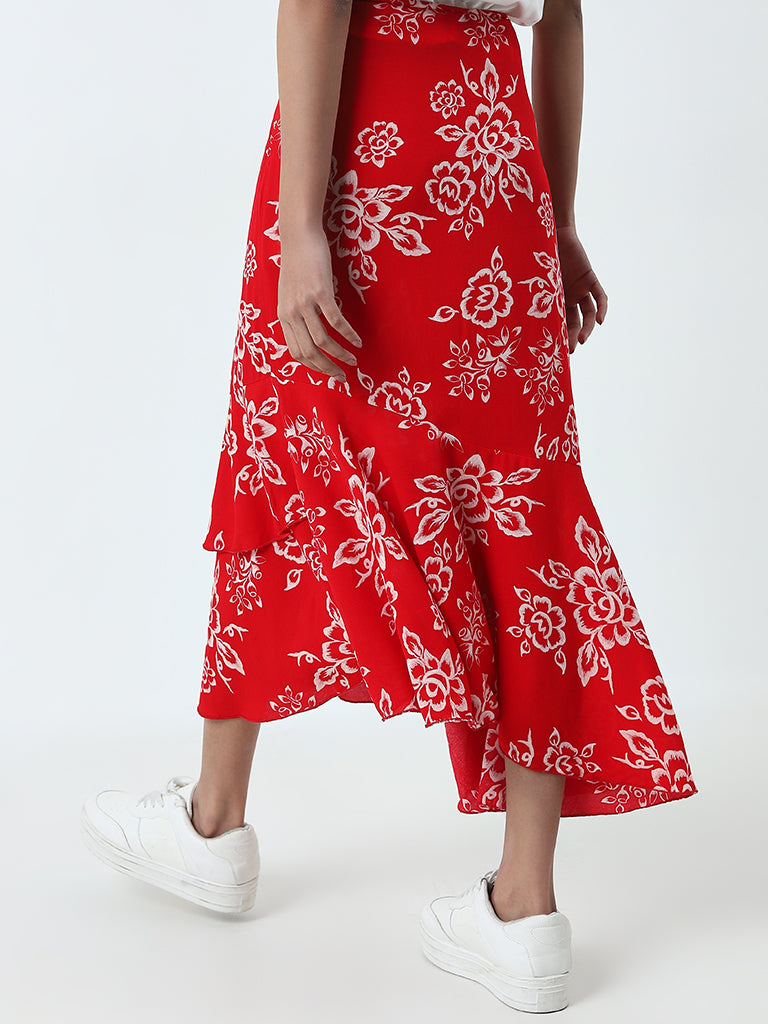 LOV Red Floral Printed Ruffled High-Rise Skirt